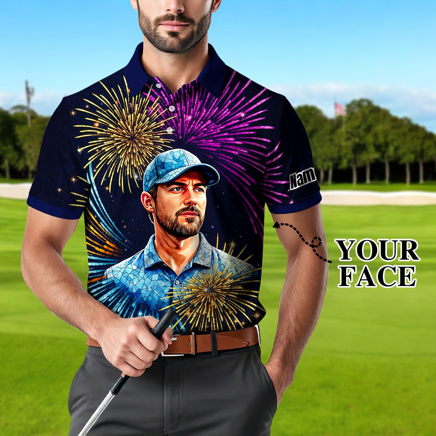 Custom Face Golf Polo Shirt – New Year Fireworks Edition | Personalized Golf Polo | Unique Holiday Gift for Him 2025 Style 3