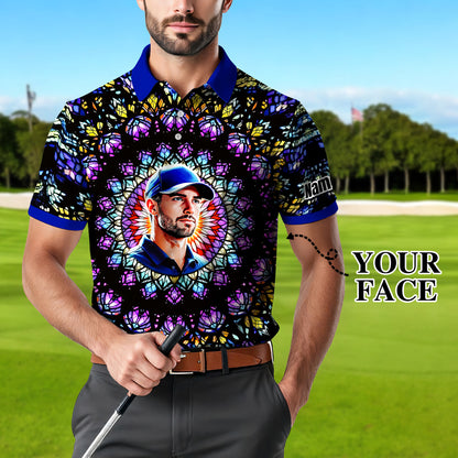 Custom Face Golf Polo Shirt – Personalized Stained Glass Mandala Style Polo, Unique Gift for Men & Women, Vibrant Artistic Golf Shirt, Custom Photo Polo