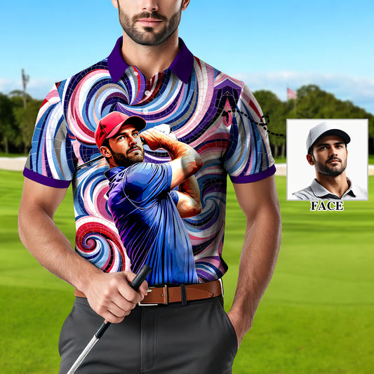 Men's Custom Face Artistic Golf Polo Shirt, Mosaic Art Style, Unique Personalized Golf Polo For Men