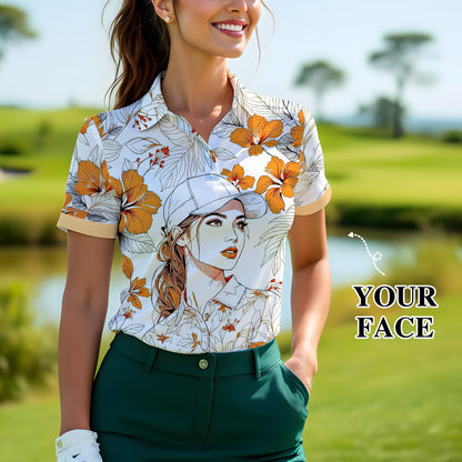 Women’s Custom Face Hibiscus Polo Shirt – Personalized Tropical Floral Polo, Unique Gift for Her, Stylish Custom Golf & Casual Wear Style 1