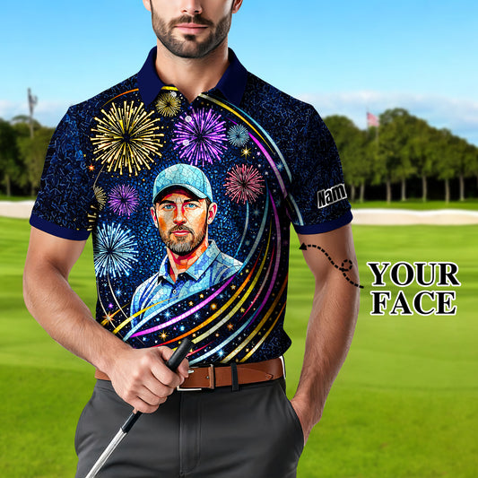 Custom Face Golf Polo Shirt – New Year Fireworks Edition | Personalized Golf Polo | Unique Holiday Gift for Him 2025 Style 4