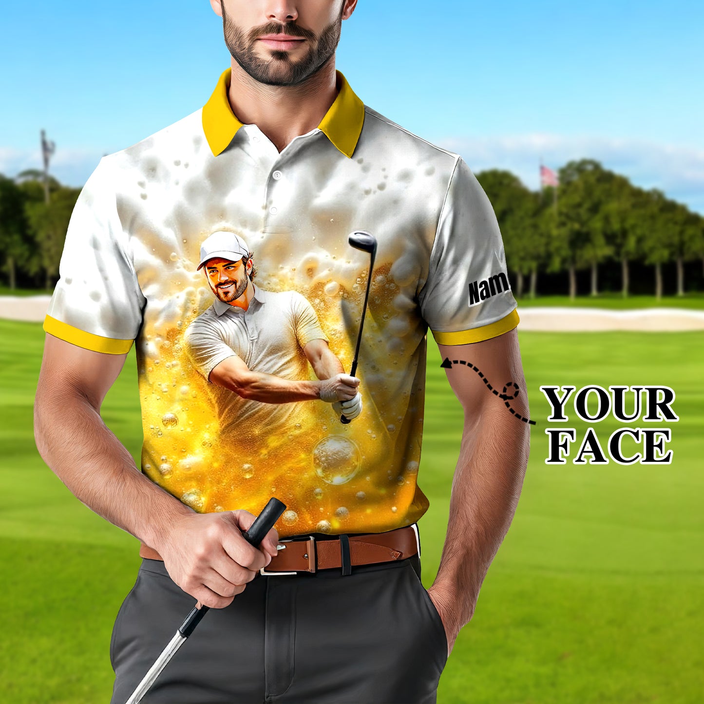 HomyGifts Men's Customized Face Artistic Golf Polo Shirt, Beer pattern Design, Special Gift for Beer & Golf Lovers, Summer Party Outfit, Unique Gift for Men Style 11