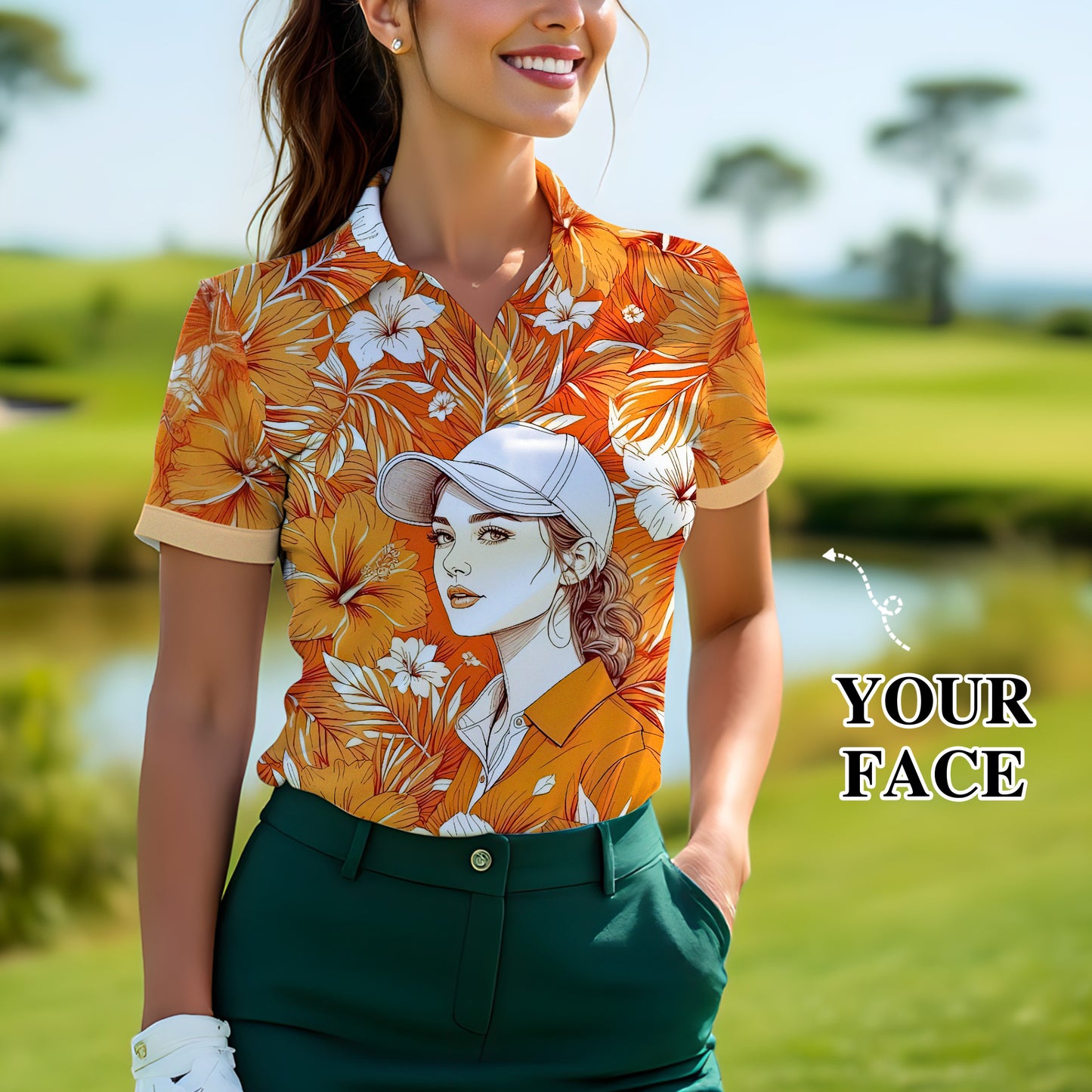 Women’s Custom Face Hibiscus Polo Shirt – Personalized Tropical Floral Polo, Unique Gift for Her, Stylish Custom Golf & Casual Wear Style 3