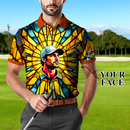 HomyGifts Men's Customized Face Artistic Golf Polo Shirt, Angular Geometric Glass Pattern, Stained-Glass Mosaic Print, Personalized Sublimation Golf Shirt, Vibrant Geometric Portrait Tee