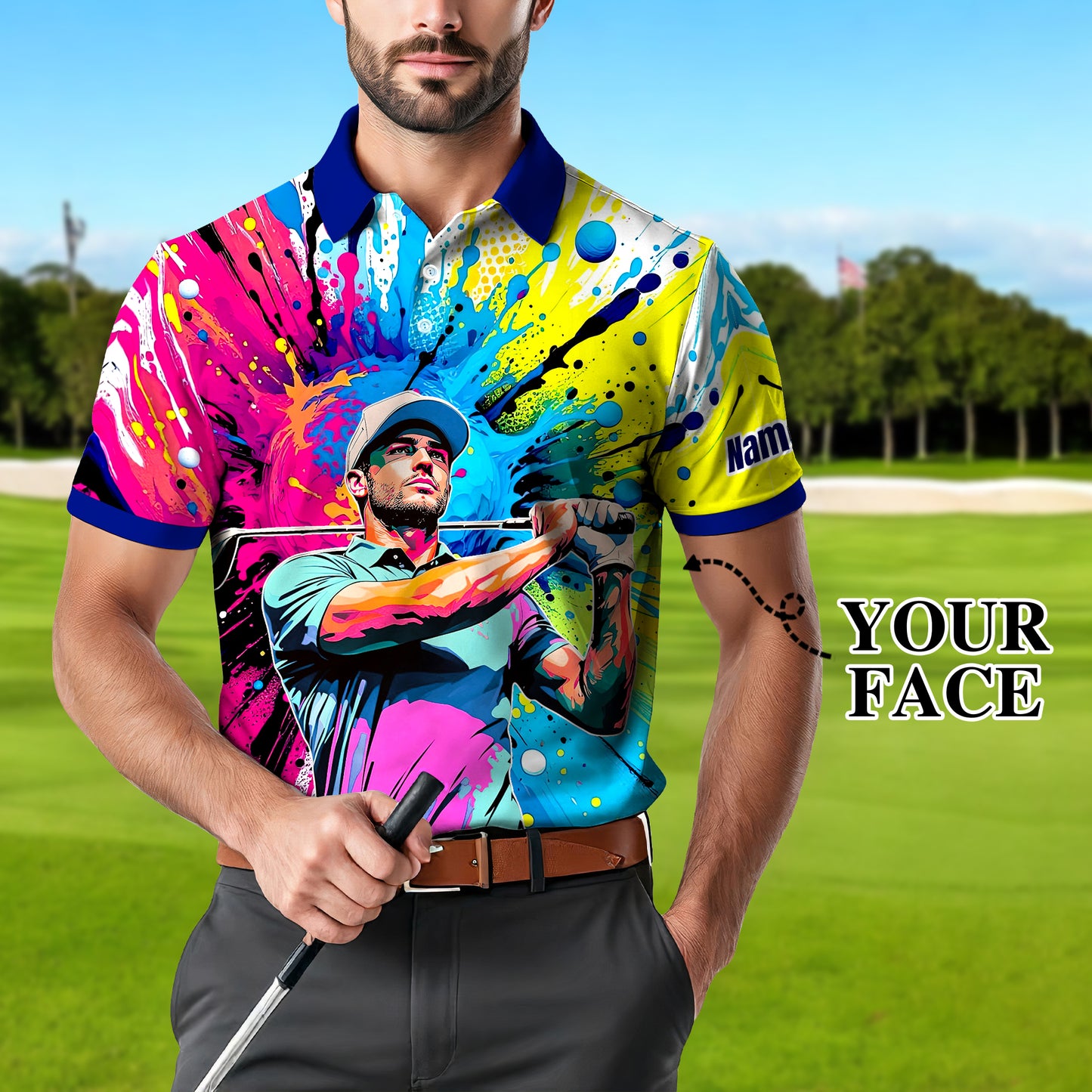 HomyGifts Men's Customized Face Artistic Golf Polo Shirt, Personalized Pop Art Golf Polo, Portrait Gift for Golfers Style 19