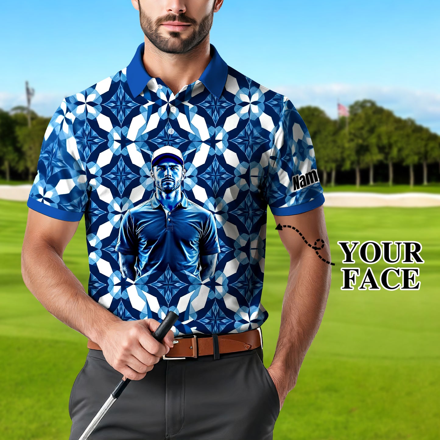Custom Face Polo Shirt – Geometric Diamond Pattern | Personalized Photo Golf Polo | Unique Gift for Him, Retro Geometric Style Shirt Style 16