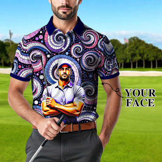 Men's Custom Face Artistic Golf Polo Shirt, Mosaic Art Style, Unique Personalized Golf Polo For Men