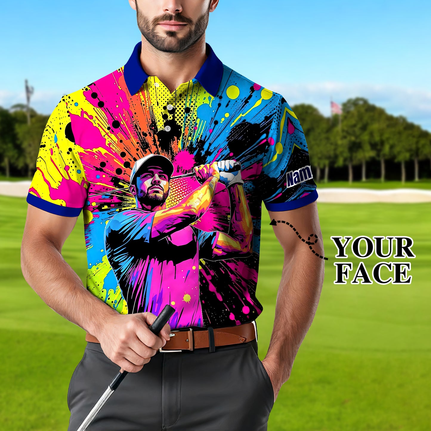 HomyGifts Men's Customized Face Artistic Golf Polo Shirt, Personalized Pop Art Golf Polo, Portrait Gift for Golfers Style 20