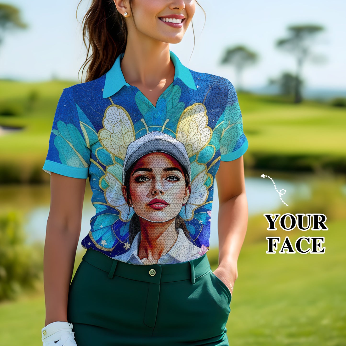 Custom Face Women’s Golf Polo Shirt – Spring Butterfly Mirage Art | Personalized Floral Fantasy Sports Shirt for Golfers Style 2