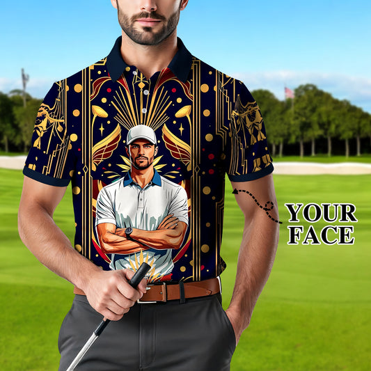 Custom Face Golf Polo Shirt – Swing in Gold Art Deco Revival Style | Personalized Golf Shirt for Men
