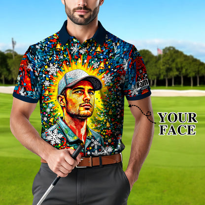 Personalized Christmas Golf Polo Shirt with Your Face – Custom Photo Holiday Shirt – Unique Mosaic Art Xmas Gift for Men, Custom Golf Apparel Style 4