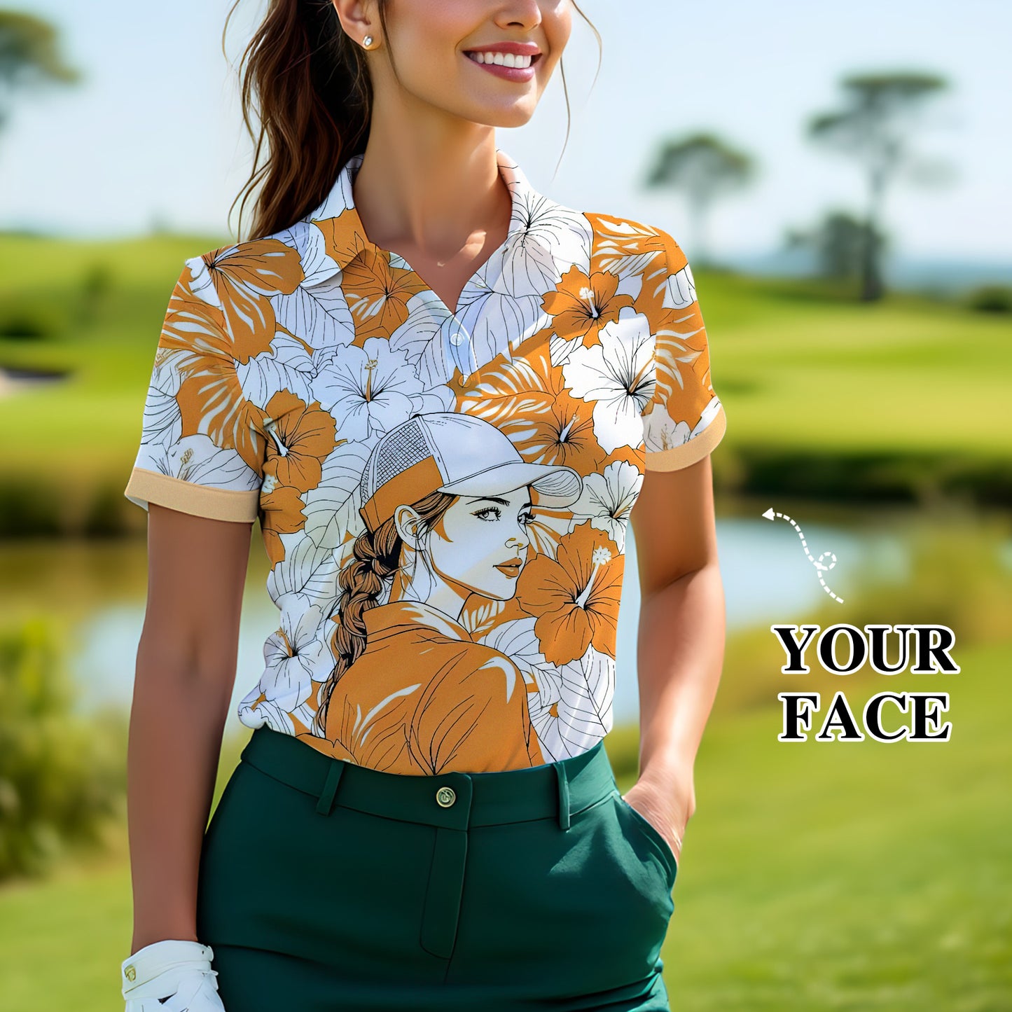 Women’s Custom Face Hibiscus Polo Shirt – Personalized Tropical Floral Polo, Unique Gift for Her, Stylish Custom Golf & Casual Wear Style 11