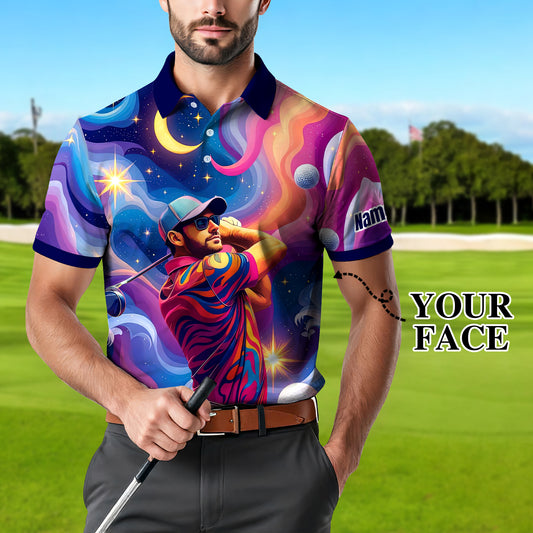 Men's Custom Face Artistic Golf Polo Shirt, Mosaic Art Style, Unique Personalized Golf Polo For Men