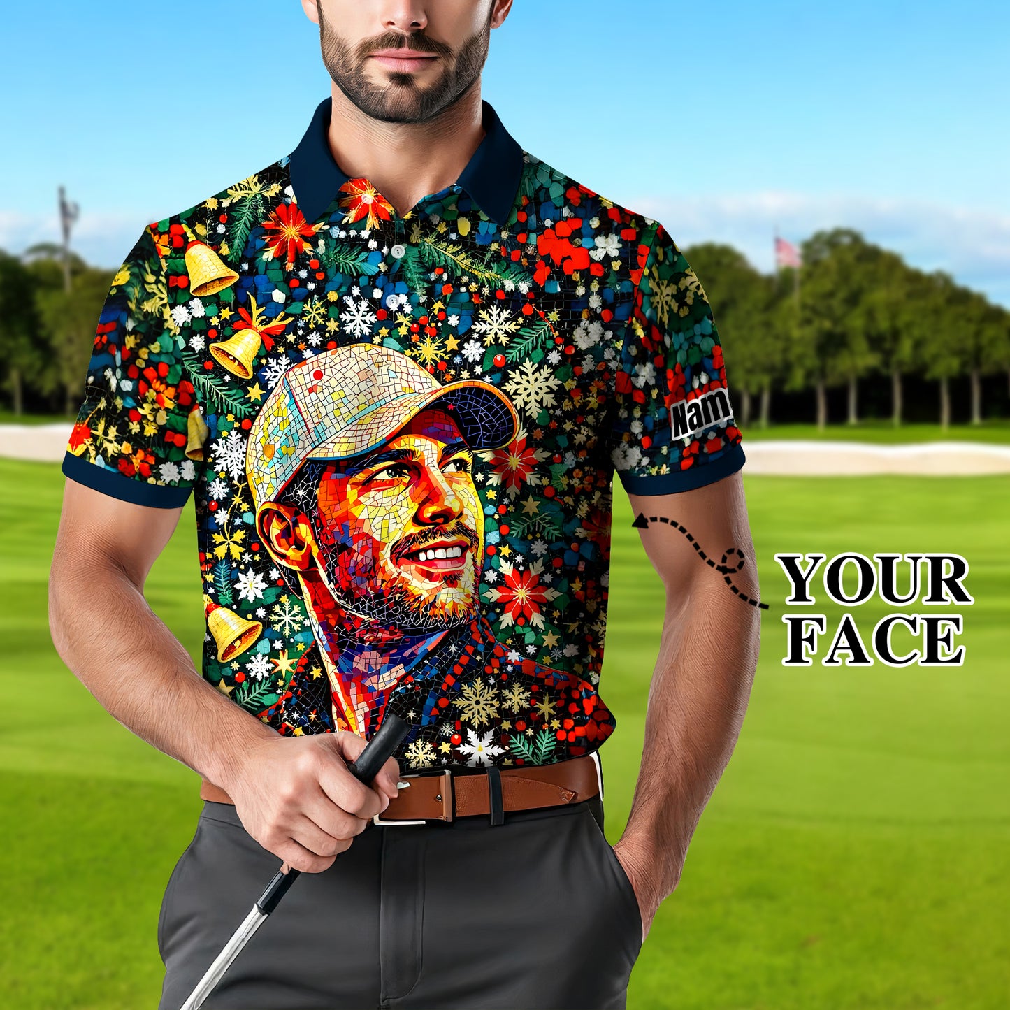 Personalized Christmas Golf Polo Shirt with Your Face – Custom Photo Holiday Shirt – Unique Mosaic Art Xmas Gift for Men, Custom Golf Apparel Style 10