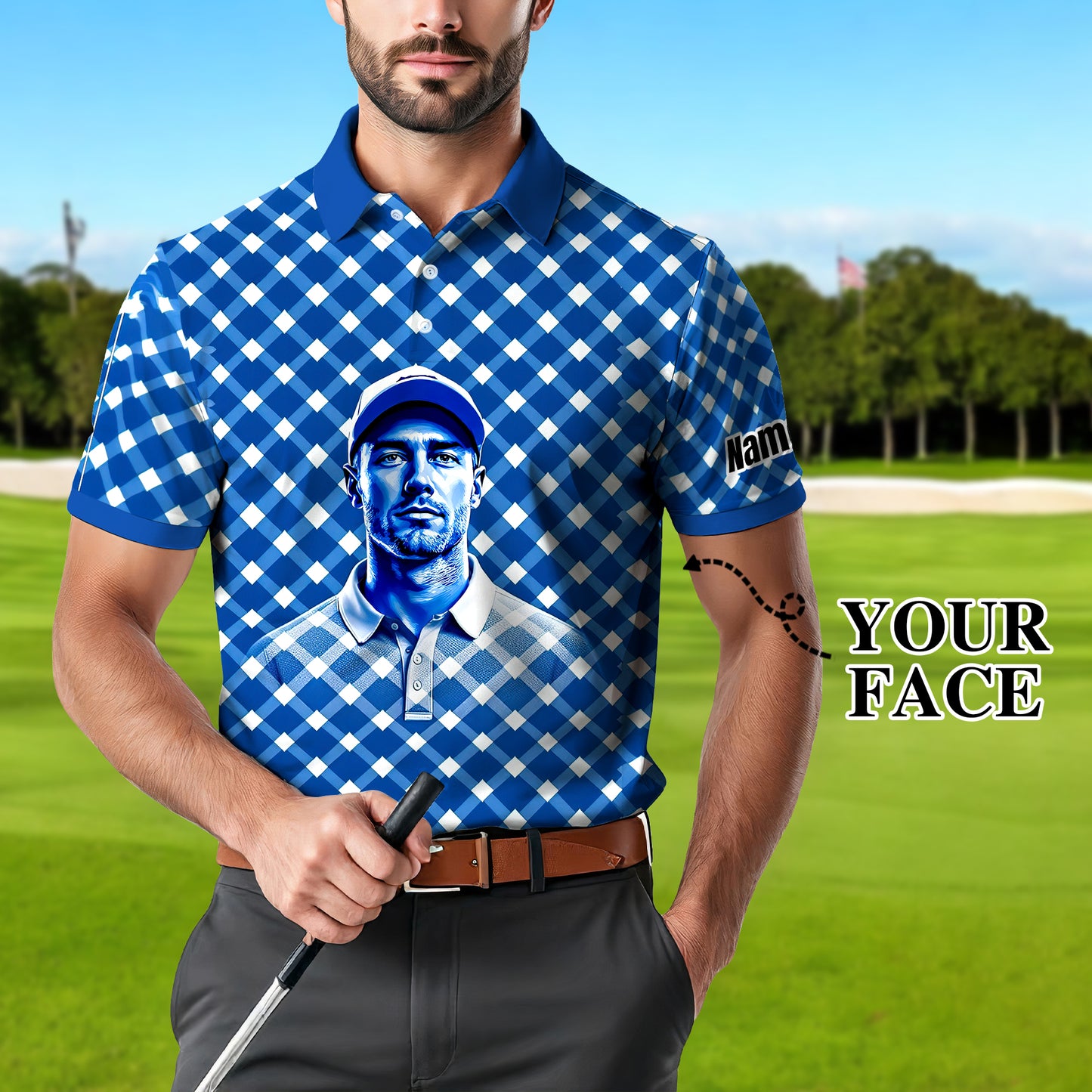 Custom Face Polo Shirt – Geometric Diamond Pattern | Personalized Photo Golf Polo | Unique Gift for Him, Retro Geometric Style Shirt Style 14