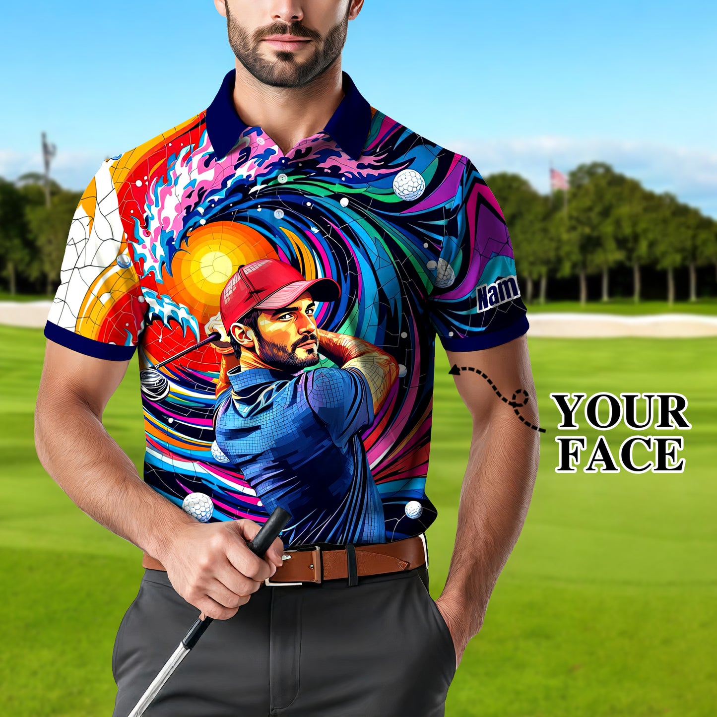 HomyGifts Men's Customized Face Artistic Golf Polo Shirt, Mosaic Art Style, Unique Personalized Golf Polo For Men Style 12