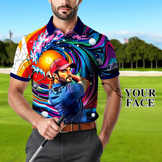 Men's Custom Face Artistic Golf Polo Shirt, Mosaic Art Style, Unique Personalized Golf Polo For Men