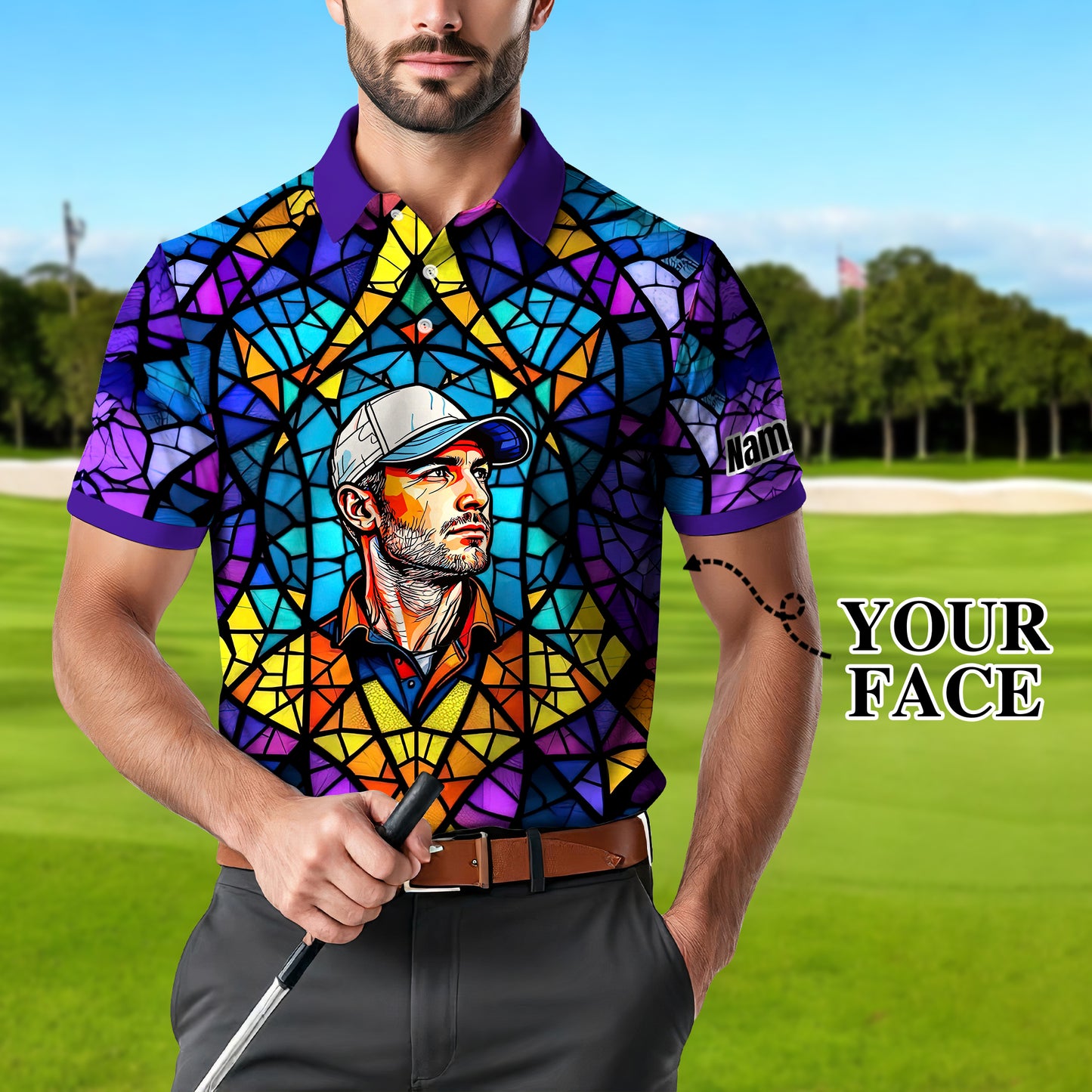 Custom Face Golf Polo Shirt – Personalized Stained Glass Art Shirt, Unique Golf Gift for Him, Colorful Abstract Golf Polo, Custom Sportswear