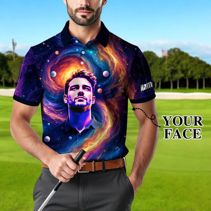 Custom Cosmic Portrait Polo Shirt – Personalized Surreal Galaxy Art with Your Face | Unique Gift for Golfers, Sports & Astrology Fans Style 7