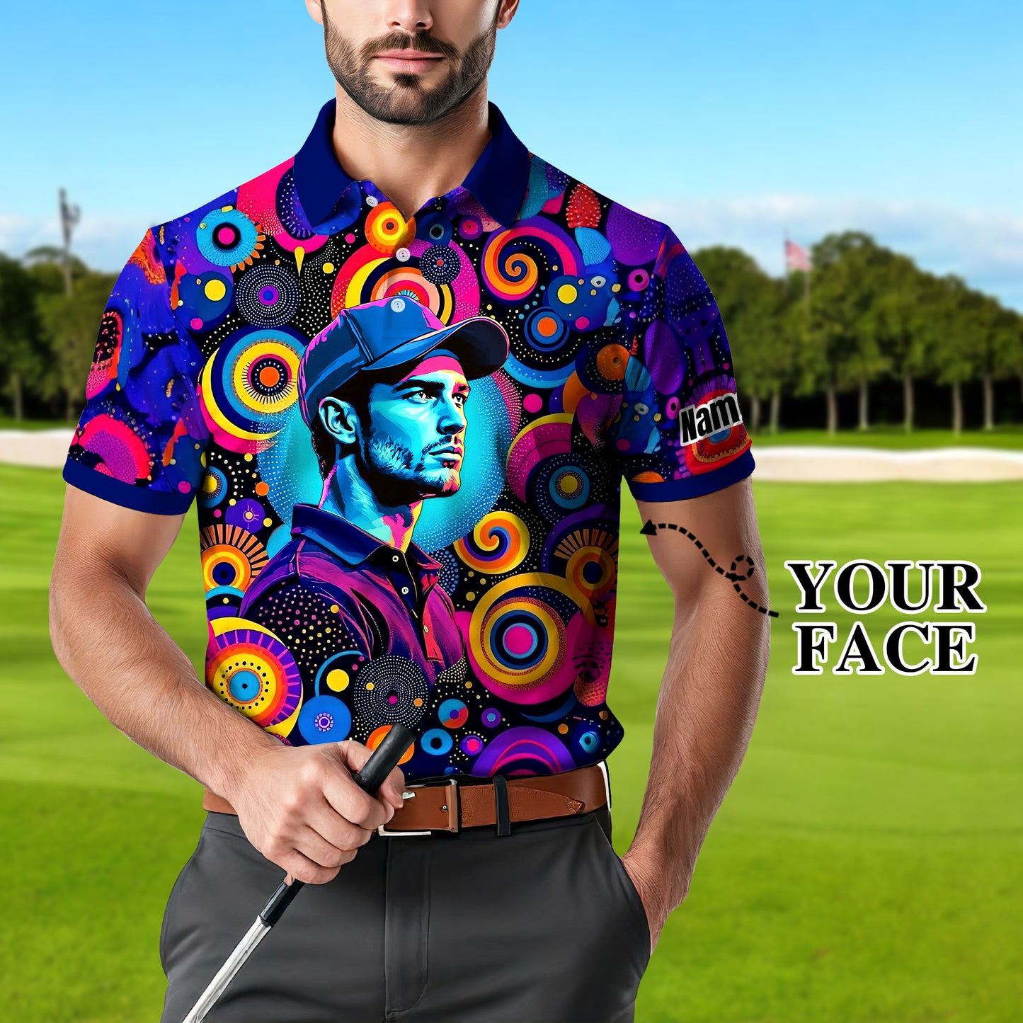 HomyGifts Custom Face Polo Shirt – Personalized Abstract Geometric Art Photo Shirt, Unique Gift for Him & Her