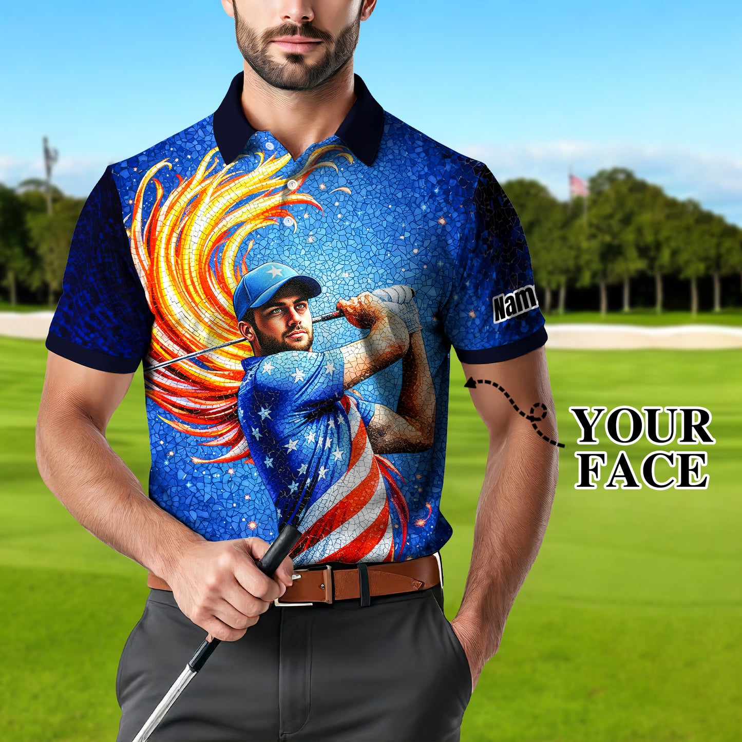 Custom Face Patriotic Golf Polo Shirt – Personalized USA Flag Design – American Pride Gift for Him – Mosaic Art Golf Shirt Style 10