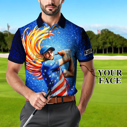 Custom Face Patriotic Golf Polo Shirt – Personalized USA Flag Design – American Pride Gift for Him – Mosaic Art Golf Shirt Style 10