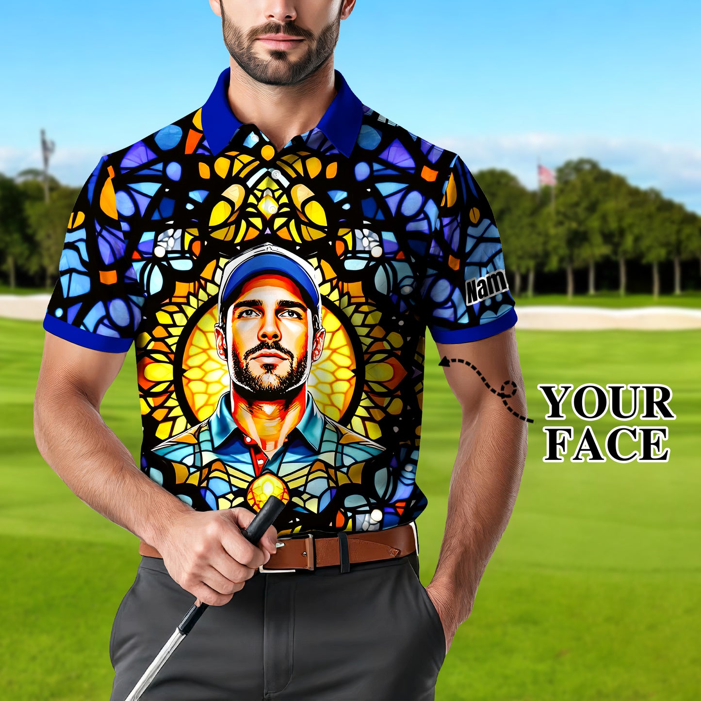 Custom Face Golf Polo Shirt – Personalized Stained Glass Mandala Style Polo, Unique Gift for Men & Women, Vibrant Artistic Golf Shirt, Custom Photo Polo