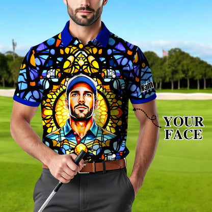 Custom Face Golf Polo Shirt – Personalized Stained Glass Mandala Style Polo, Unique Gift for Men & Women, Vibrant Artistic Golf Shirt, Custom Photo Polo