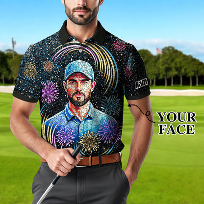 Custom Face Golf Polo Shirt – New Year Fireworks Edition | Personalized Golf Polo | Unique Holiday Gift for Him 2025 Style 8