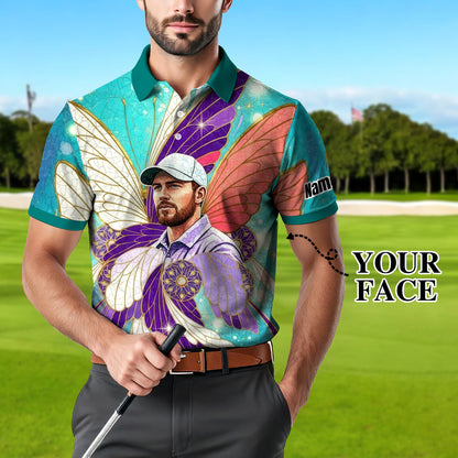 Custom Face Butterfly Golf Polo Shirt – Personalized Spring Mirage Art Style – Unique Gift for Him, Nature Inspired Men's Shirt Style 2