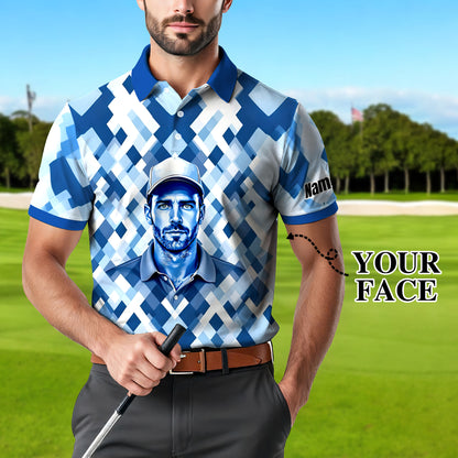 Custom Face Polo Shirt – Geometric Diamond Pattern | Personalized Photo Golf Polo | Unique Gift for Him, Retro Geometric Style Shirt Style 12
