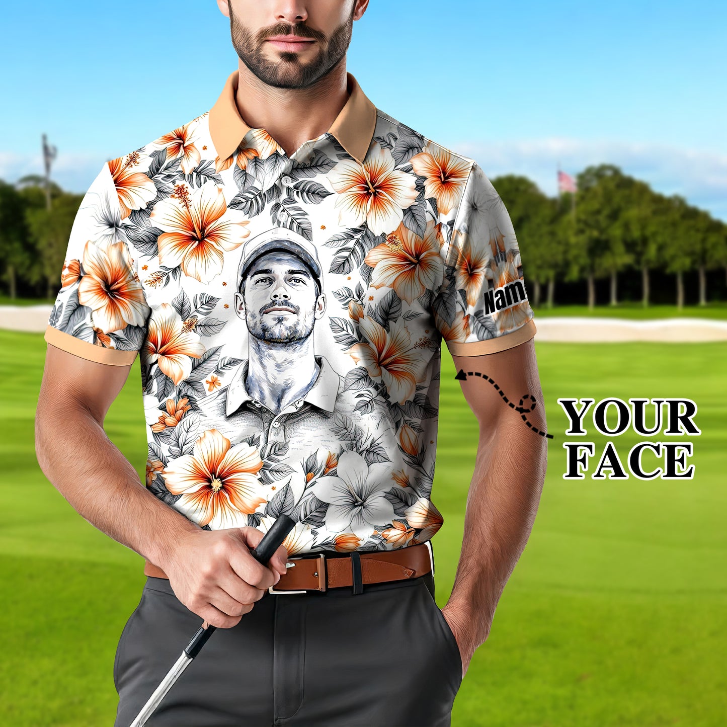 Custom Face Tropical Floral Polo Shirt – Personalized Summer Shirt, Fun Beach Vacation Gift, Unique Tropical Party Outfit Style 1