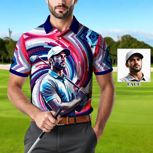 Men's Custom Face Artistic Golf Polo Shirt, Mosaic Art Style, Unique Personalized Golf Polo For Men