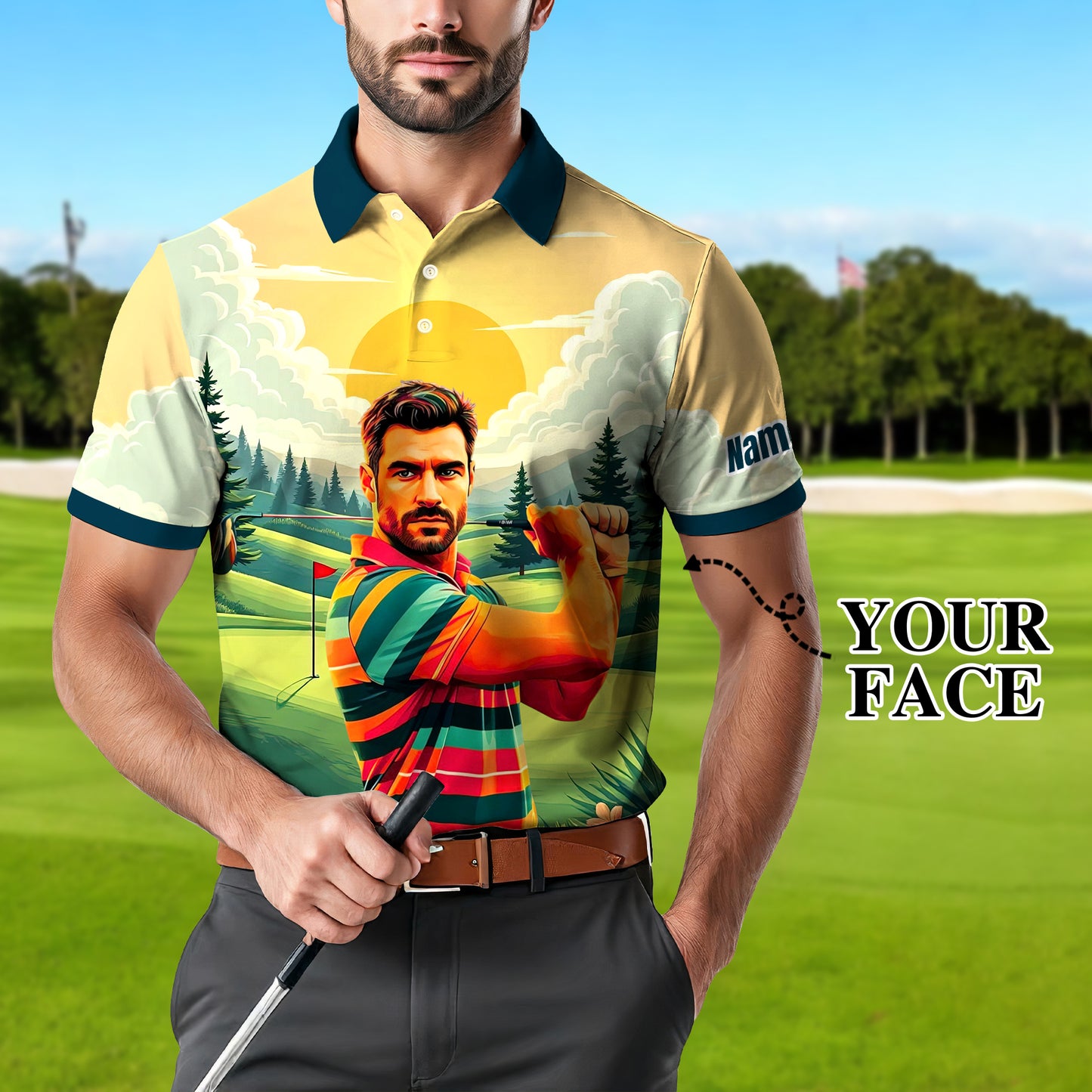Custom Vintage Americana Golf Polo with Your Face - Retro Personalized Gift for Men Style 10