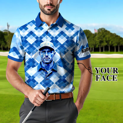 Custom Face Polo Shirt – Geometric Diamond Pattern | Personalized Photo Golf Polo | Unique Gift for Him, Retro Geometric Style Shirt Style 10