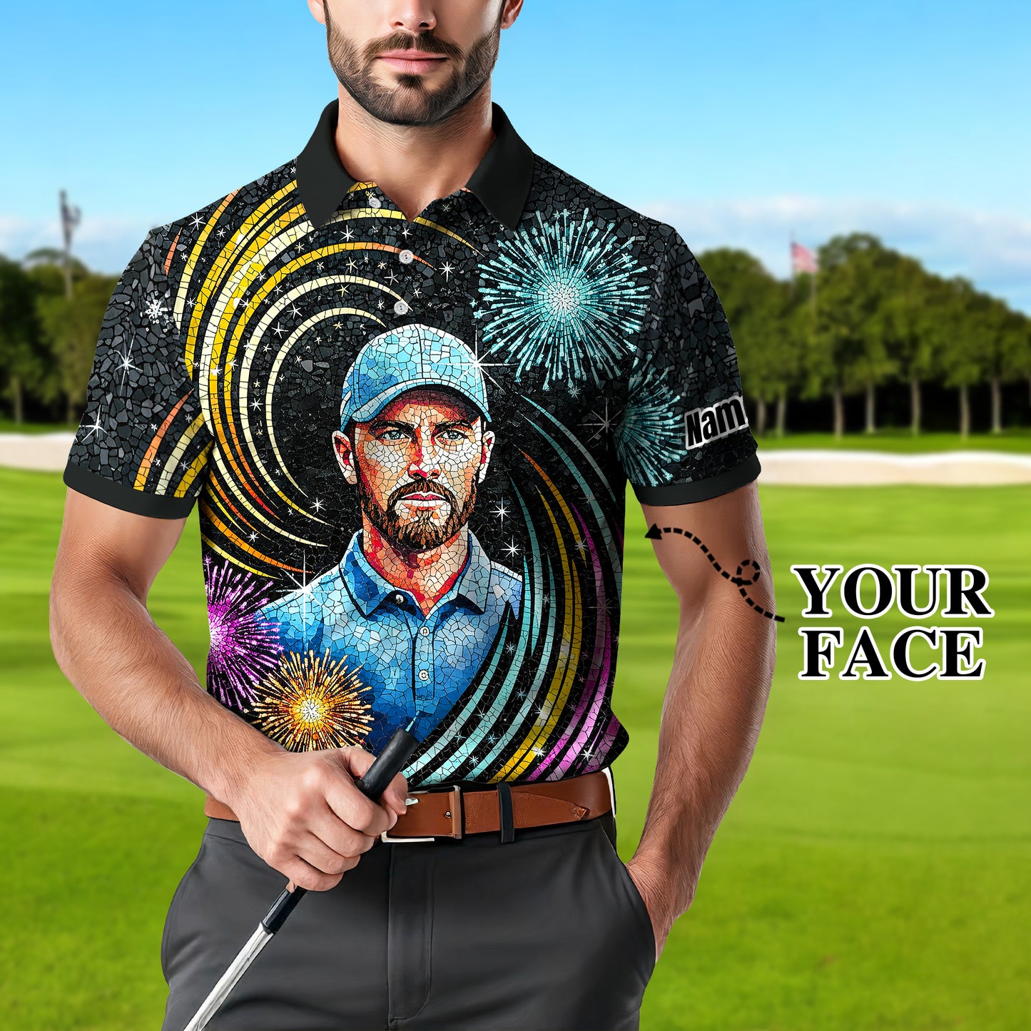 Custom Face Golf Polo Shirt – New Year Fireworks Edition | Personalized Golf Polo | Unique Holiday Gift for Him 2025 Style 7