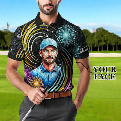 Custom Face Golf Polo Shirt – New Year Fireworks Edition | Personalized Golf Polo | Unique Holiday Gift for Him 2025 Style 7