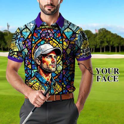 Custom Face Golf Polo Shirt – Personalized Stained Glass Art Shirt, Unique Golf Gift for Him, Colorful Abstract Golf Polo, Custom Sportswear