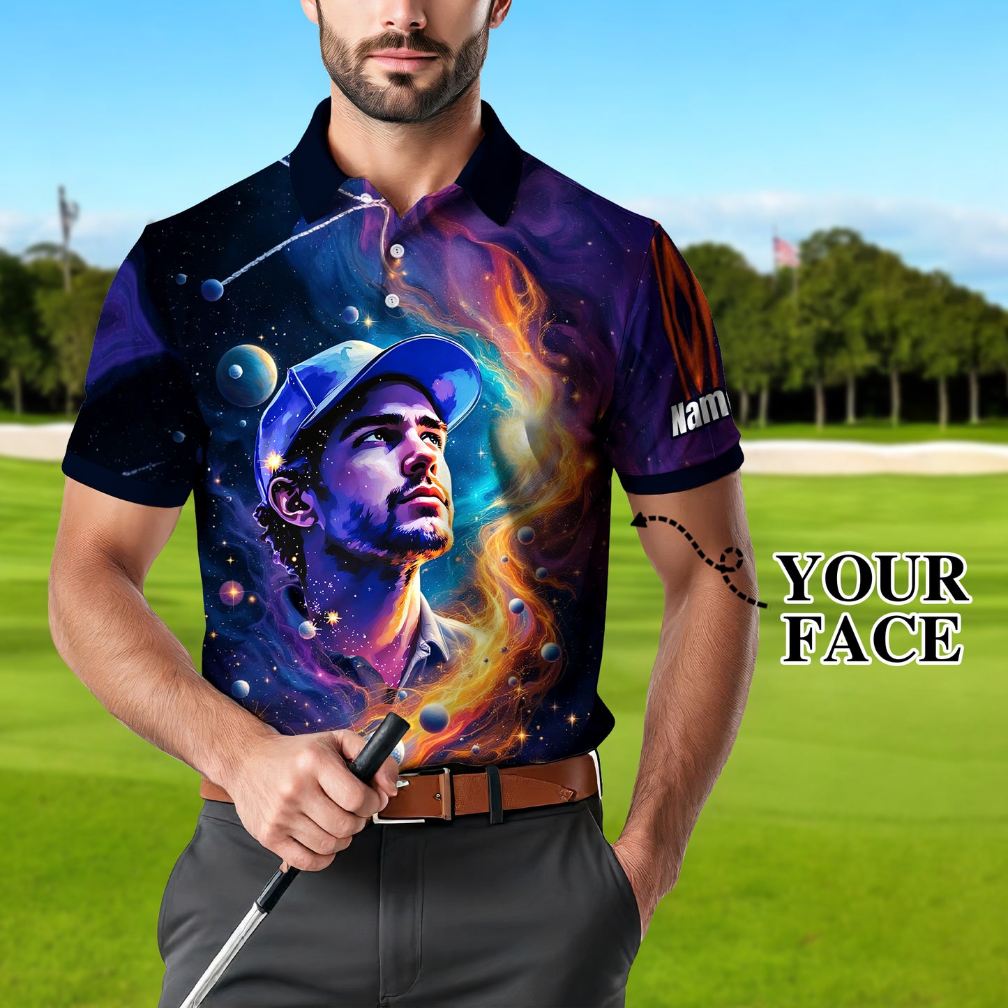 Custom Cosmic Portrait Polo Shirt – Personalized Surreal Galaxy Art with Your Face | Unique Gift for Golfers, Sports & Astrology Fans Style 2
