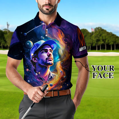 Custom Cosmic Portrait Polo Shirt – Personalized Surreal Galaxy Art with Your Face | Unique Gift for Golfers, Sports & Astrology Fans Style 2