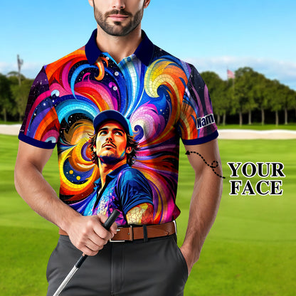 HomyGifts Men's Customized Face Artistic Golf Polo Shirt, Mosaic Art Style, Unique Personalized Golf Polo For Men