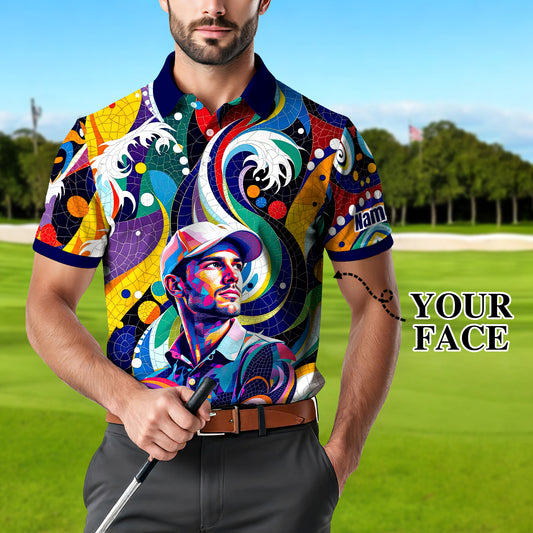 Men's Custom Face Artistic Golf Polo Shirt, Mosaic Art Style, Unique Personalized Golf Polo For Men