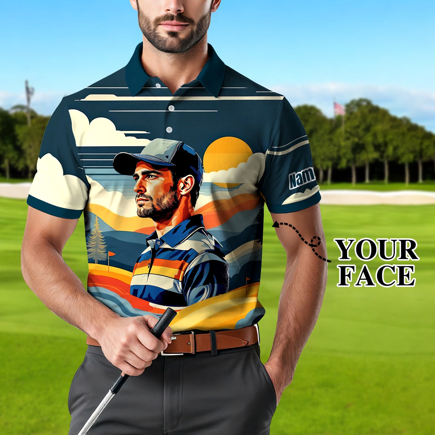 Custom Vintage Americana Golf Polo with Your Face - Retro Personalized Gift for Men Style 5
