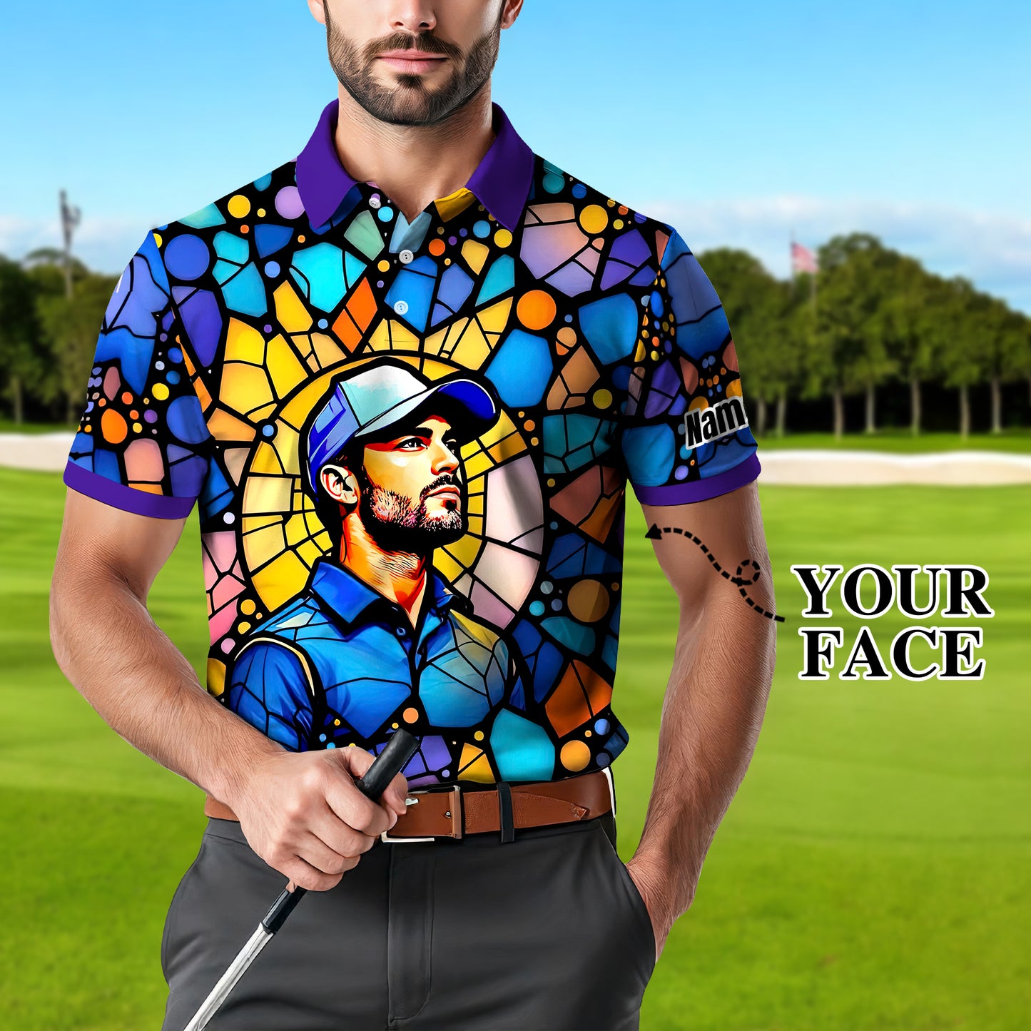 Custom Face Golf Polo Shirt – Personalized Stained Glass Art Shirt, Unique Golf Gift for Him, Colorful Abstract Golf Polo, Custom Sportswear