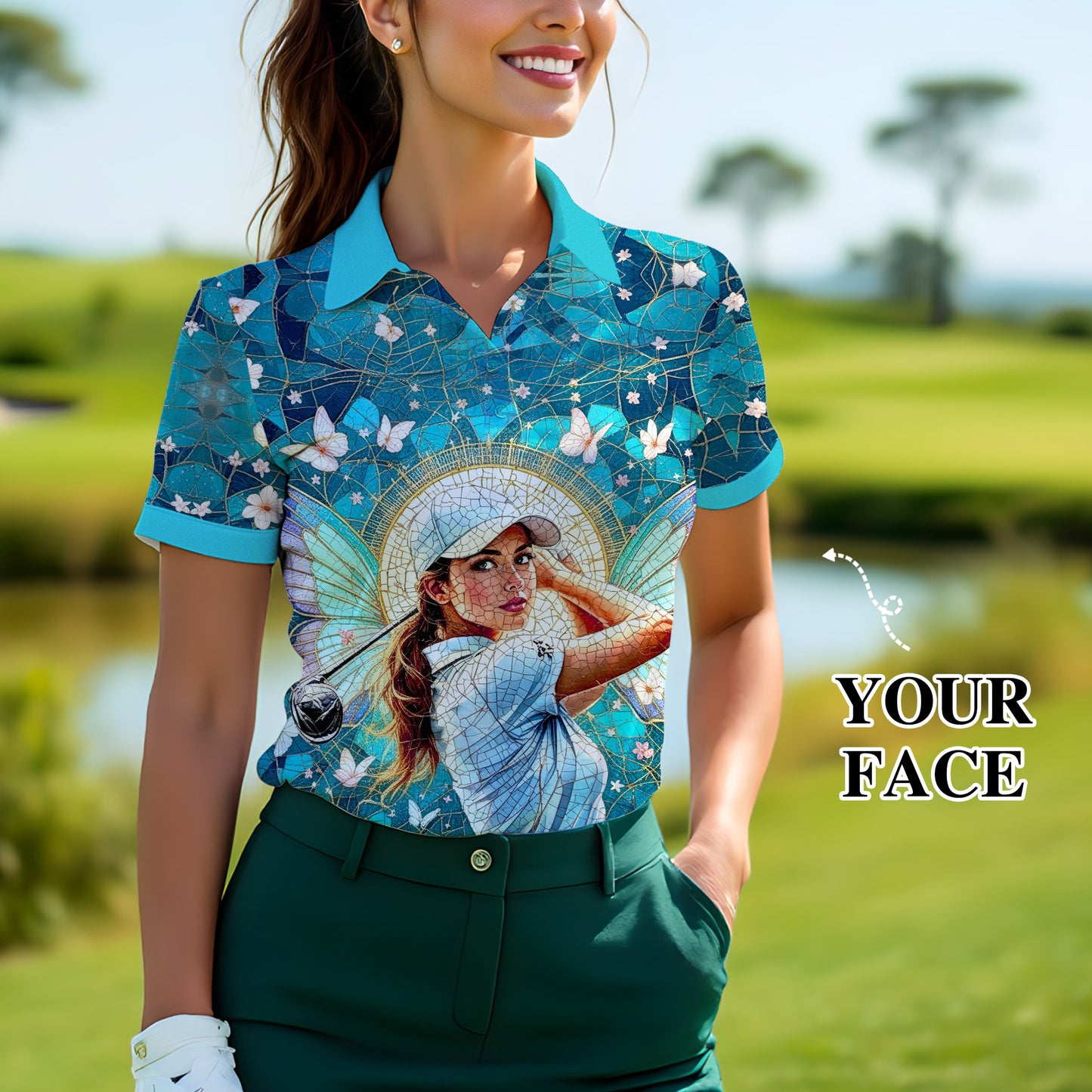 Custom Face Women’s Golf Polo Shirt – Spring Butterfly Mirage Art | Personalized Floral Fantasy Sports Shirt for Golfers Style 10