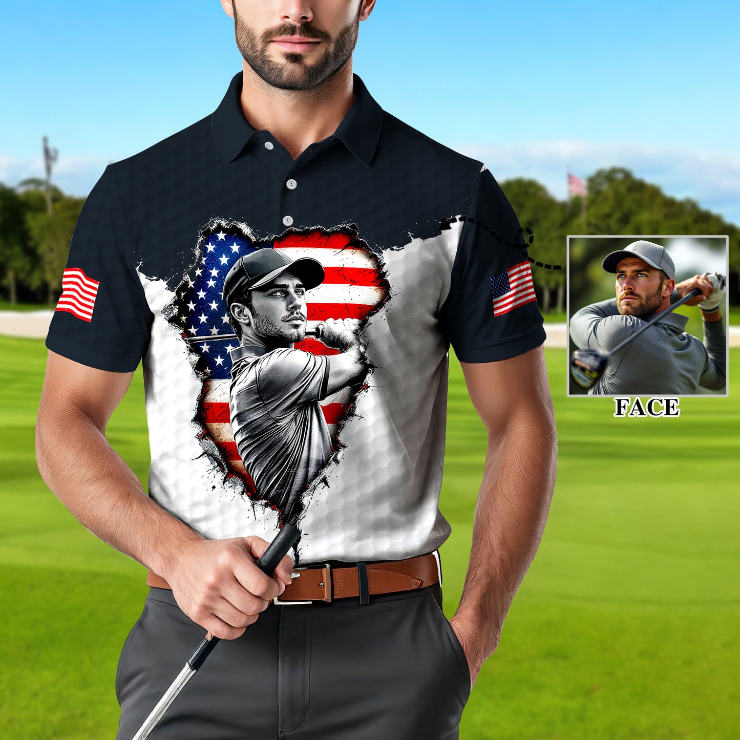 HomyGifts Men's Customized Face Artistic Golf Polo Shirt, Personalized American Flag Design, Unique Gift for Patriotic Golfers Style 11