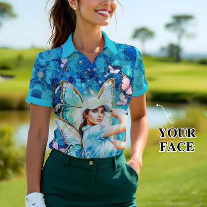Custom Face Women’s Golf Polo Shirt – Spring Butterfly Mirage Art | Personalized Floral Fantasy Sports Shirt for Golfers Style 9