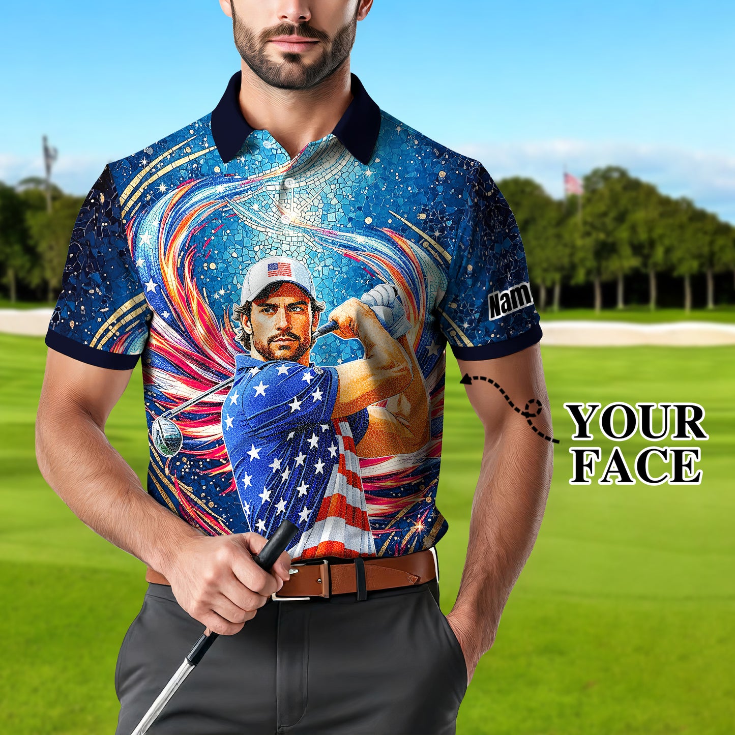 Custom Face Patriotic Golf Polo Shirt – Personalized USA Flag Design – American Pride Gift for Him – Mosaic Art Golf Shirt Style 8