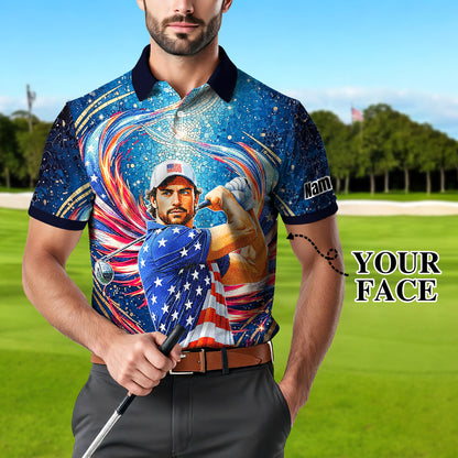 Custom Face Patriotic Golf Polo Shirt – Personalized USA Flag Design – American Pride Gift for Him – Mosaic Art Golf Shirt Style 8