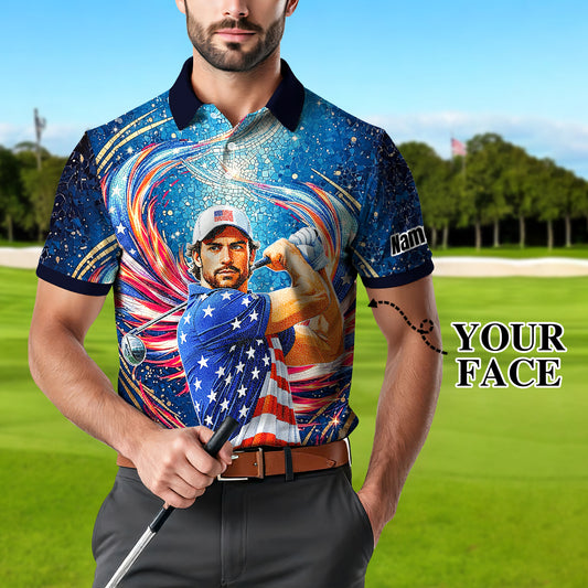 Custom Face Patriotic Golf Polo Shirt – Personalized USA Flag Design – American Pride Gift for Him – Mosaic Art Golf Shirt Style 8